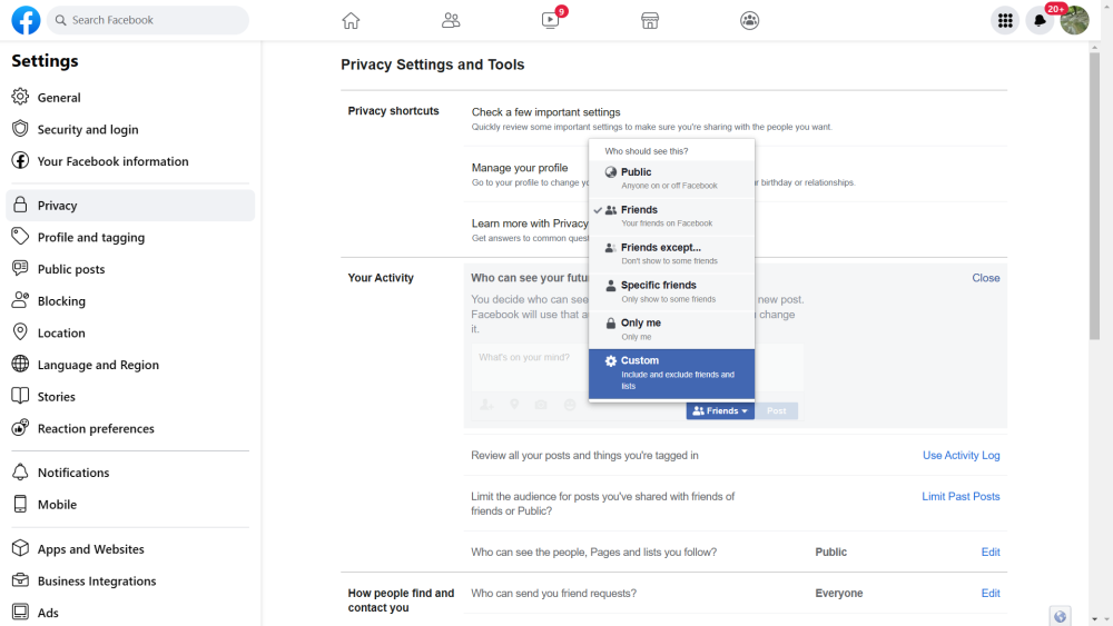Configuring custom Facebook privacy settings